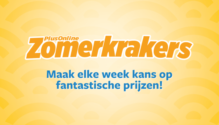 Afbeelding met de tekst "PlusOnline Zomerkrakers – Maak elke week kans op fantastische prijzen!" op een gele achtergrond met boogpatroon.
